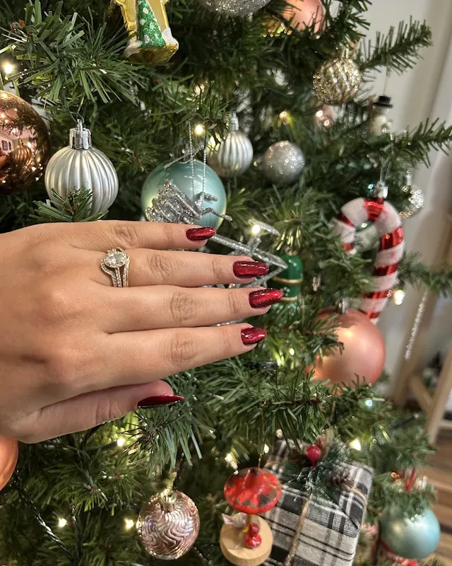 Sparkly deep red almond nails by Mona at Nail Art Love